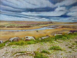 Moody Morning at Chesil Beach Watercolour and Pastel Painting By Roger Turner