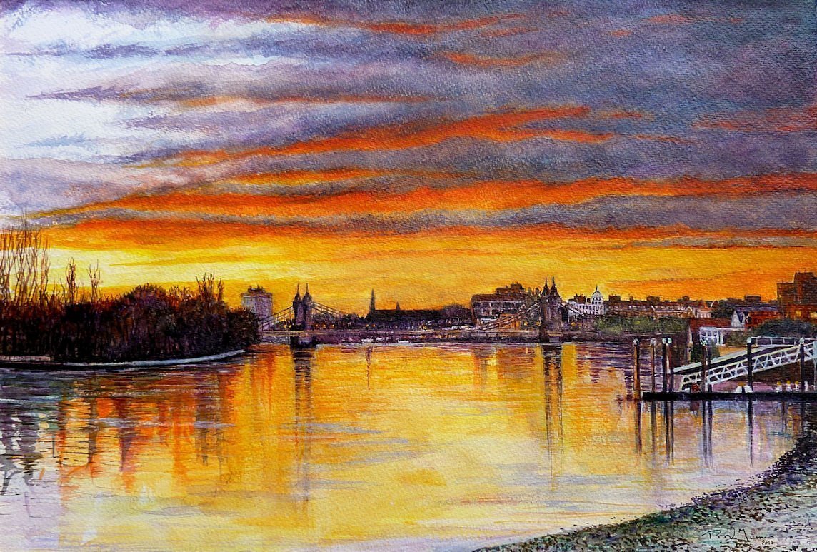 Hammersmith Bridge Sunset Watercolour Painting