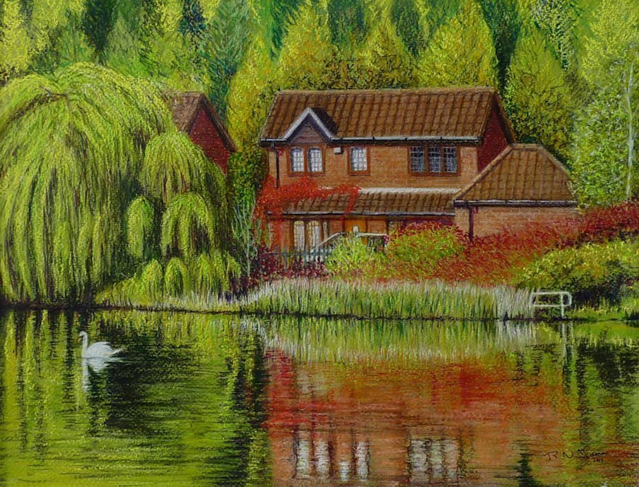 Lakeside House With Swan Pastel Painting Paper