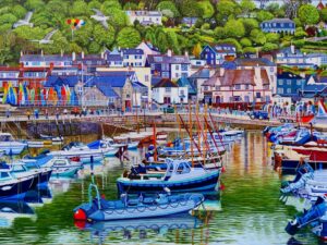 Lyme Regis Harbour. Dorset 49 x 68 cm. Lyme Regis is a coastal town in Dorset, England, located on the Jurassic Coast, a UNESCO World Heritage Site. It is known for its stunning scenery, charming architecture, and rich history.