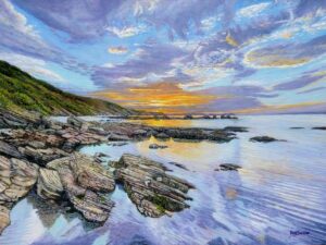 Sunrise Millendreath Beach Looe and Bodigga Cliffs Oil Painting By Roger Turner