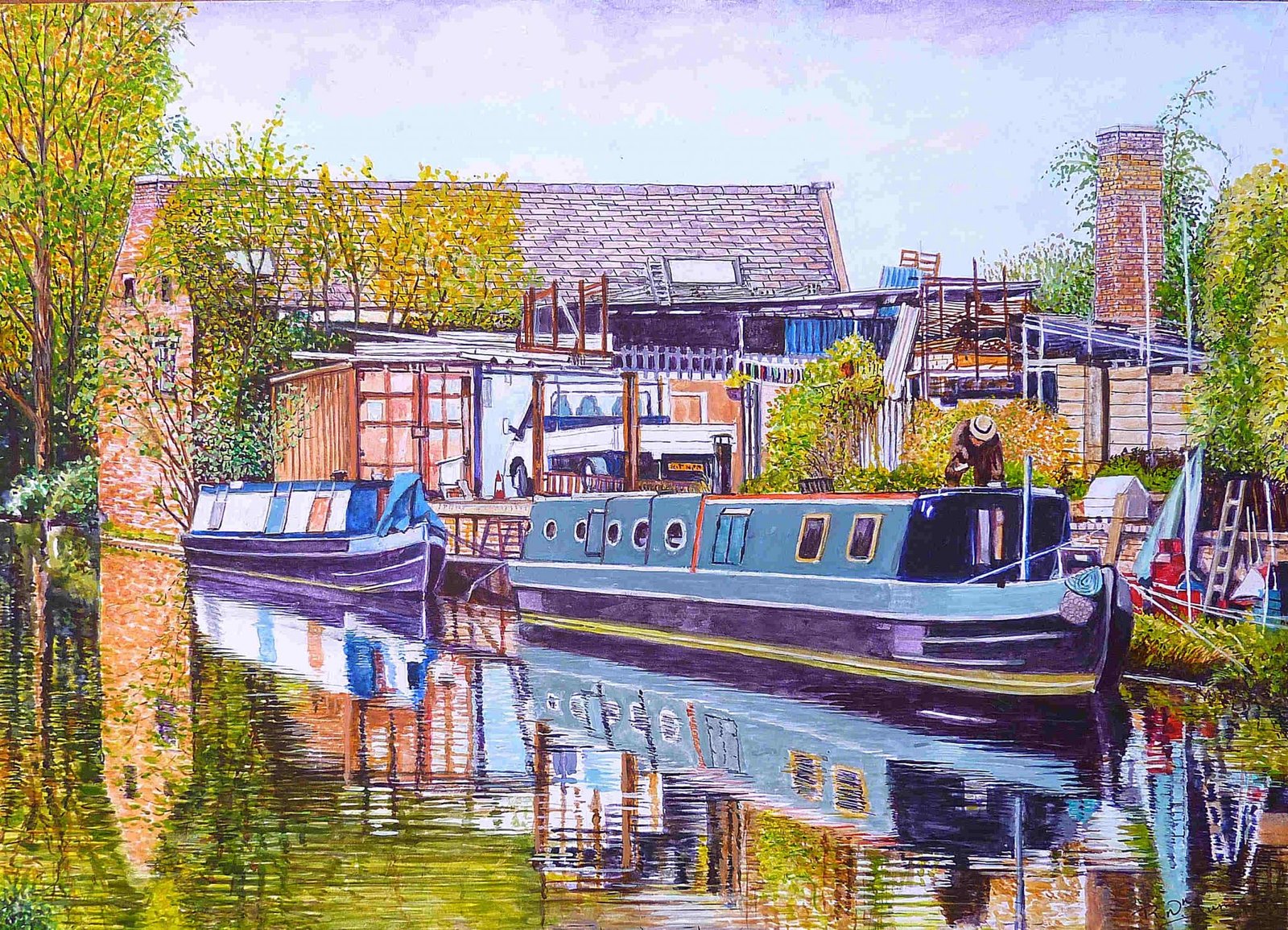 Moored Canal Boats Watercolour Painting By Roger Turner Of The Canal Near Brierley Hill West Midlands