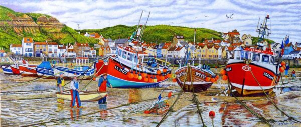 Staithes Harbour At Low Tide Oil Painting By Roger Turner
