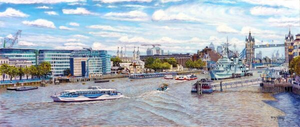 Tower Bridge. HMS Belfast and the Thames East from London Bridge. Original oil painting on wooden panel