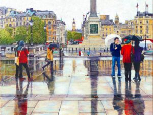 Trafalgar Square in the Rain. Original oil painting on canvas.