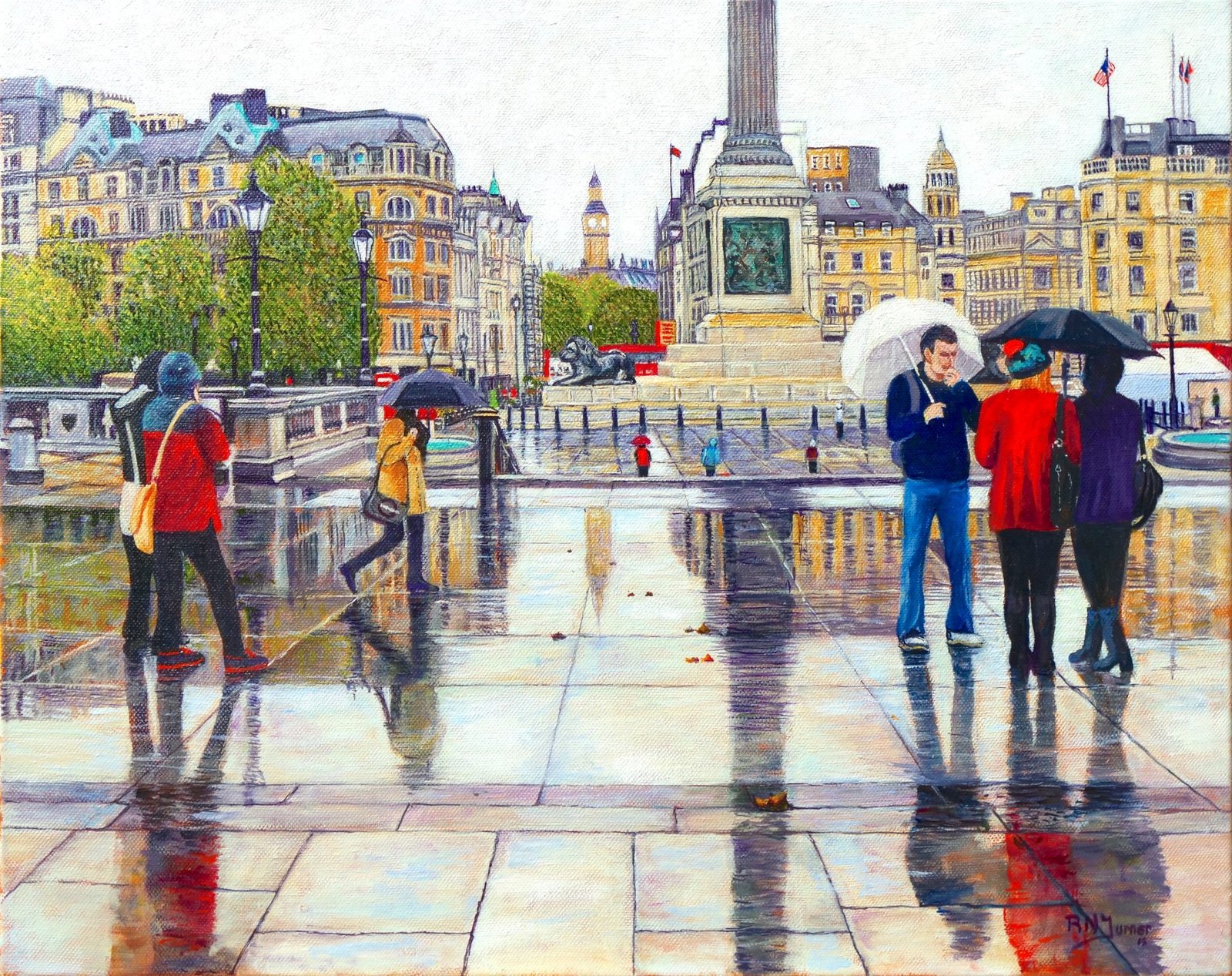 Trafalgar Square in the Rain. Original oil painting on canvas.