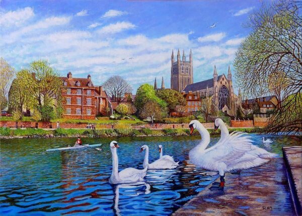 Worcester Cathedral From The RNIB Boathouse Steps Oil Painting by Roger Turner